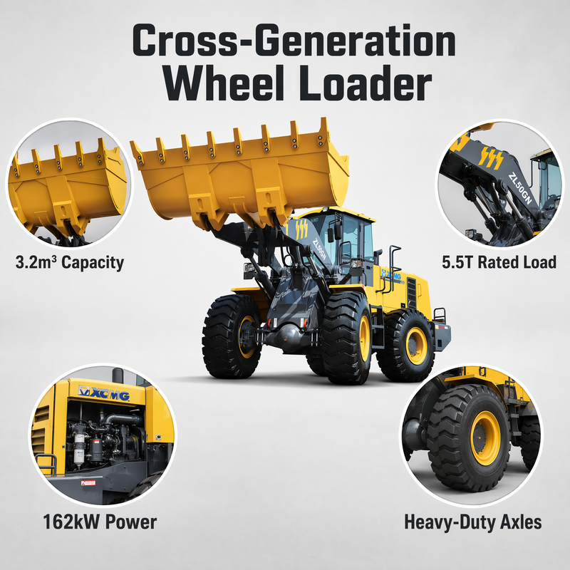 XCMG ZL50GN 5 tonluk ön uç tekerlekli yükleyici 3.2m3 kova inşaat ağır yükleyici